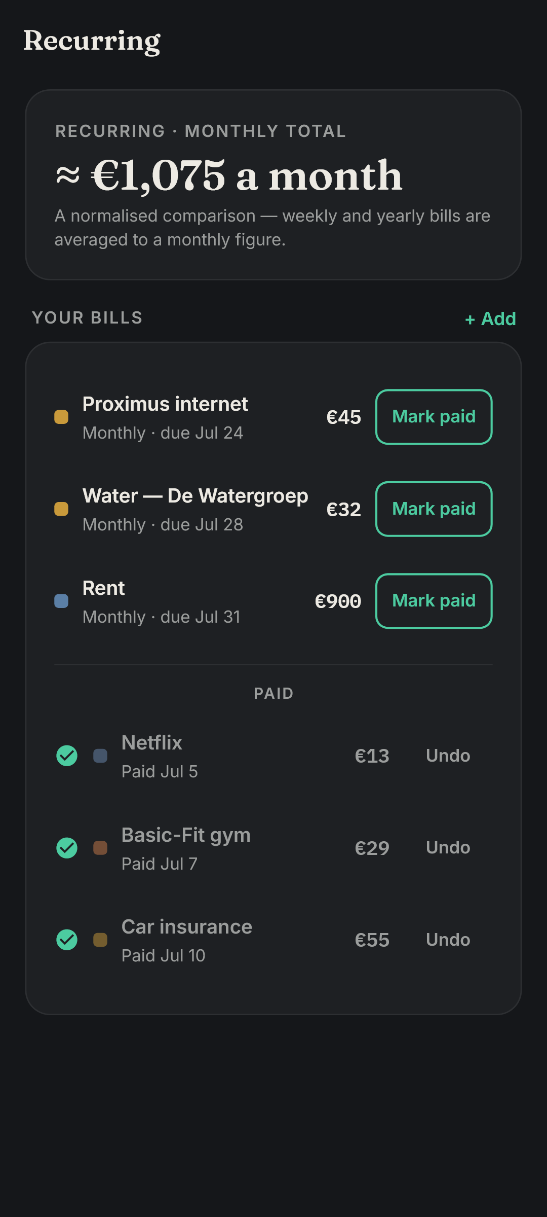 Canny's recurring bills: some due, some already paid, with Mark paid and Undo — about €1 075 a month in total.