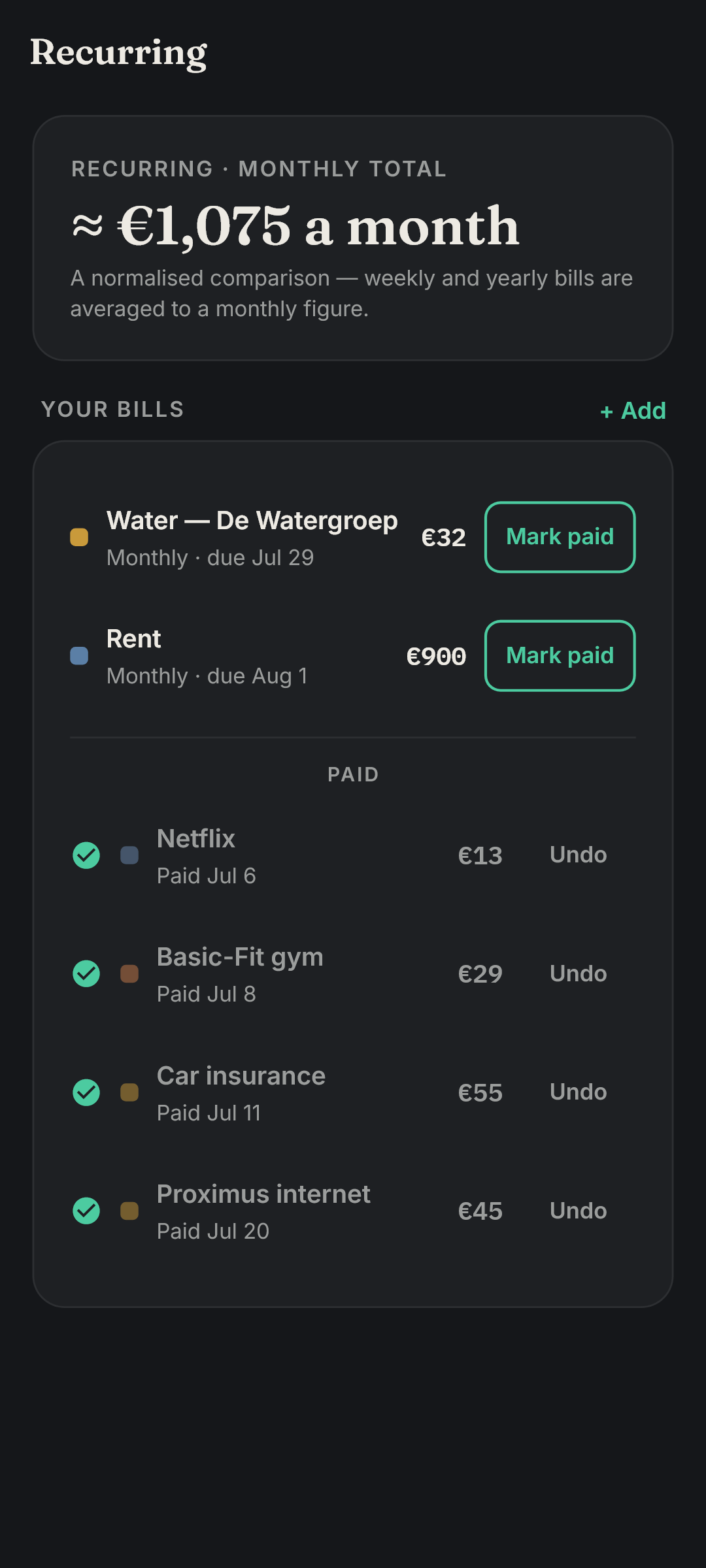 The bills screen after marking one paid: Proximus internet, €45, has moved to the Paid list — only Water and Rent still due.